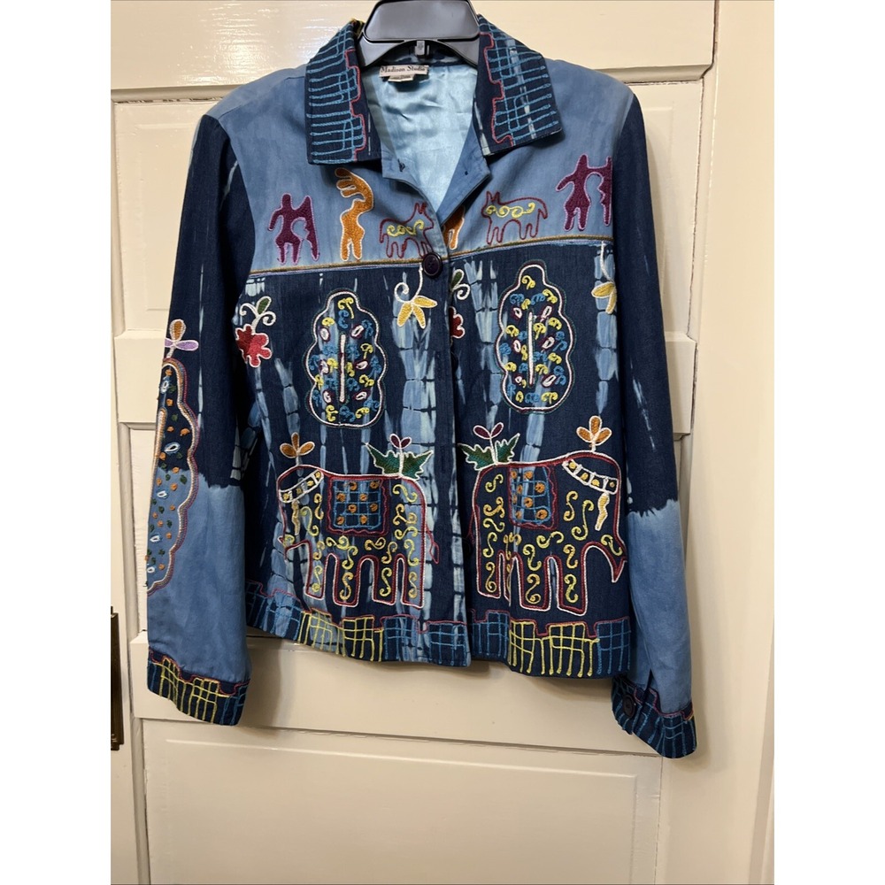 Madison Studio denim tie dye jacket animal embroidery satin lined M Art To Wear